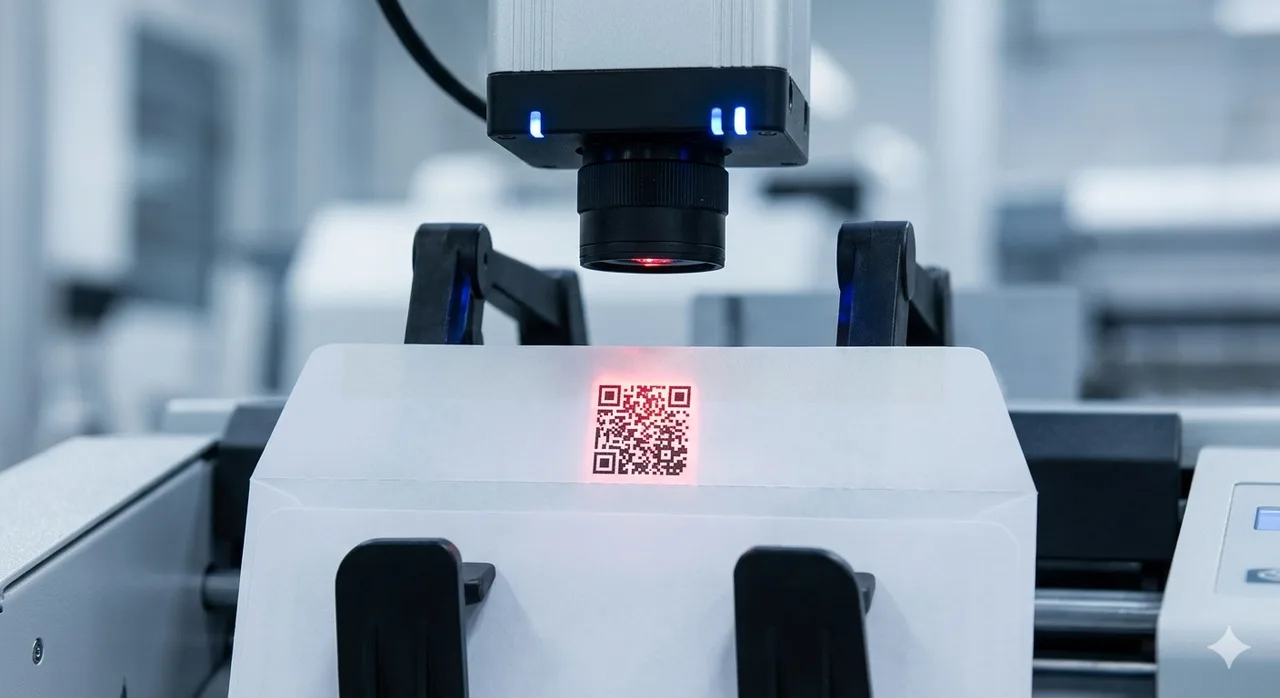 Industrial camera-verification system reading a 2D barcode on a printed page