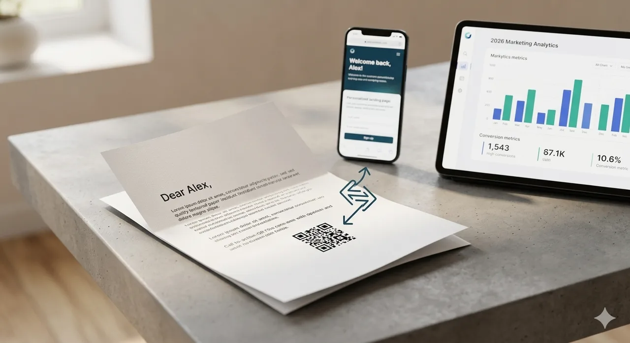 Personalised direct-mail letter beside a smartphone and tablet showing campaign analytics